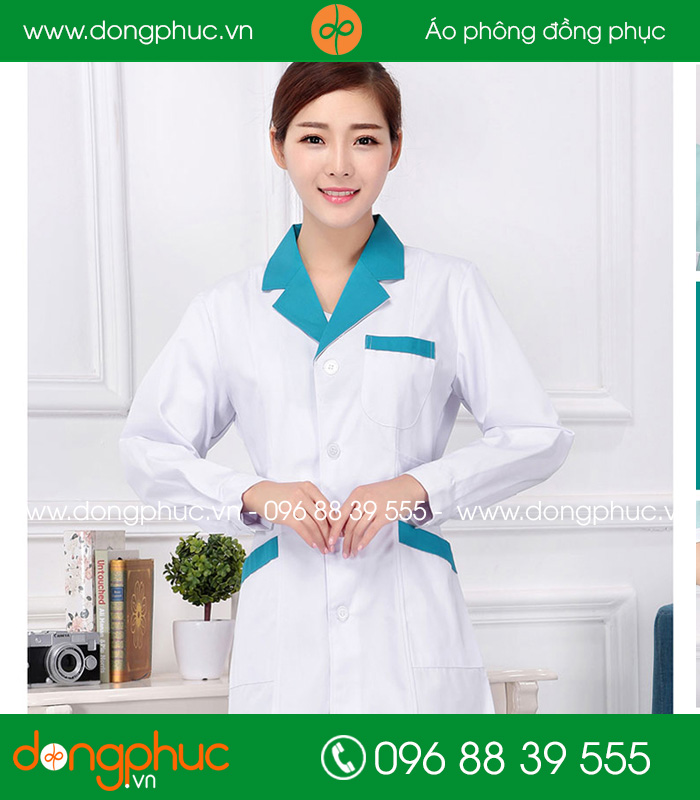 Áo blouse đồng phục y tá - Bác sĩ màu trắng cổ xanh YA